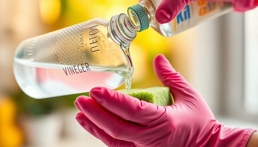 Close-up of gloved hands pouring vinegar onto green sponge for cleaning.