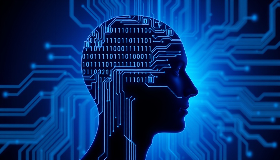 Digital AI head silhouette with circuitry design and binary code.