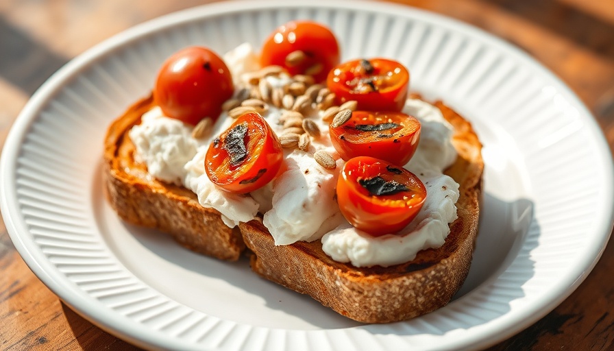 Delicious cottage cheese toast recipe with tomatoes and seeds on white plate.