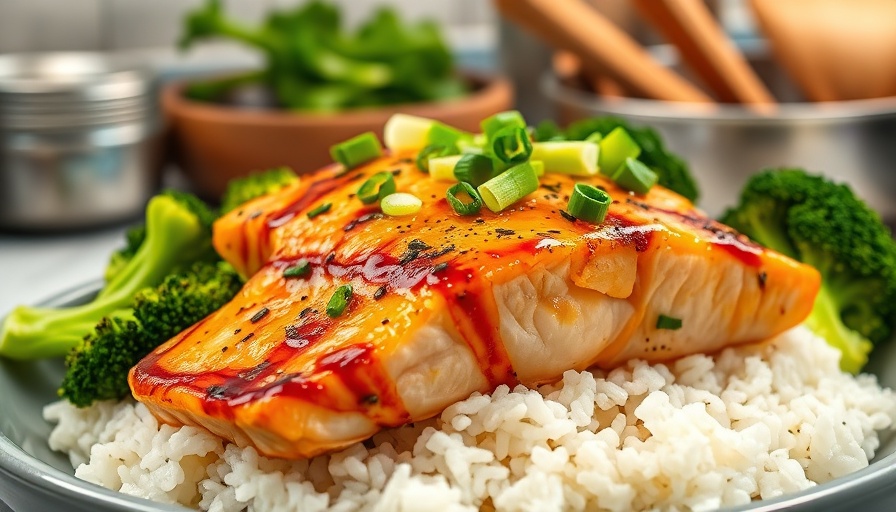 Easy Teriyaki Salmon Recipe with broccoli and rice garnished with onions.