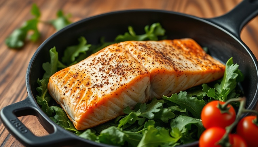 Cooked salmon fillet on greens with tomatoes, showcasing vibrant colors.
