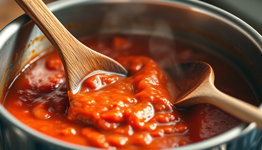 Rich tomato sauce being stirred to upgrade jarred pasta sauce.