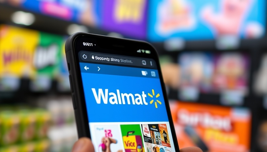 Smartphone with Walmart logo in front of an online store display.