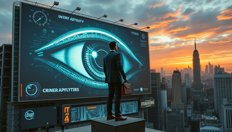 Futuristic billboard with businessman and AI motif, cityscape.