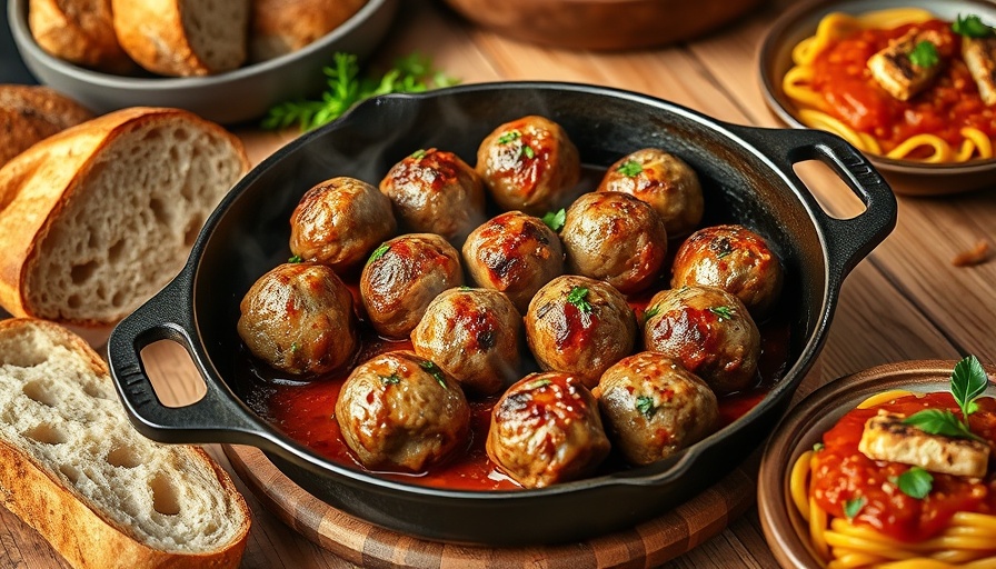 Juicy meatballs in a skillet with bread and pasta on a table.
