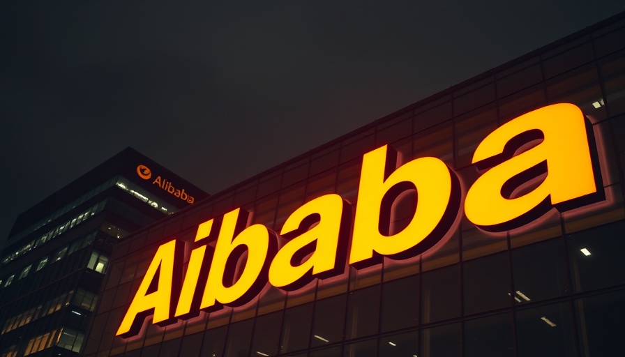 Illuminated Alibaba logo at night, AI chip development China.