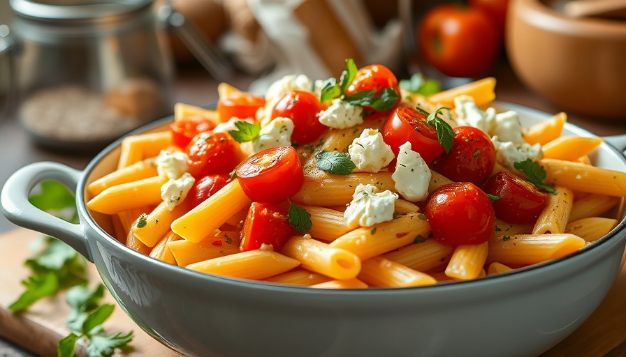 Baked feta pasta with penne and tomatoes in a baking dish.