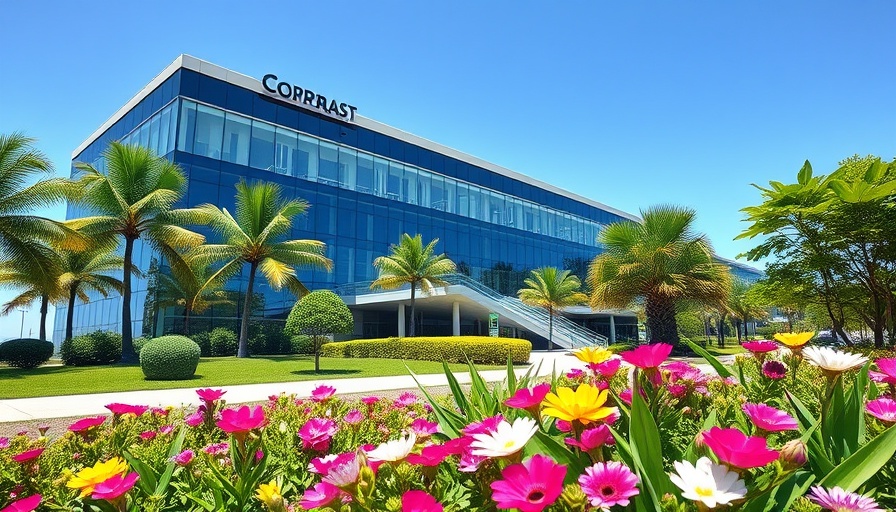 Sleek corporate building with vibrant landscaping shows AI spending in tech companies.