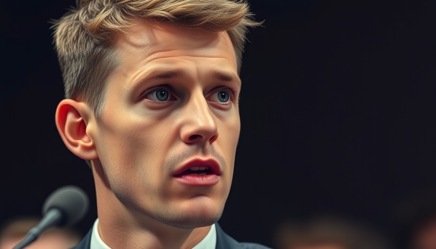 Open AI news speaker with focused expression and microphone.