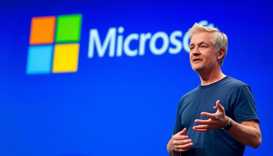 Middle-aged man presents in front of a Microsoft logo, discussing Microsoft AI.