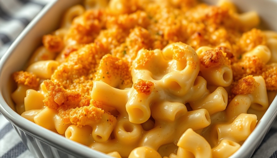 Golden Dijon mustard mac and cheese upgrade with crispy top in dish.