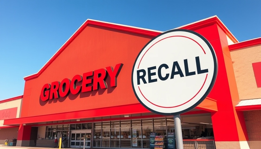 Trader Joe’s storefront with recall sign amid blue sky.
