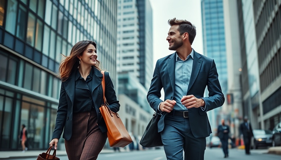 Two professionals in conversation, city street scene, ai agents theme.