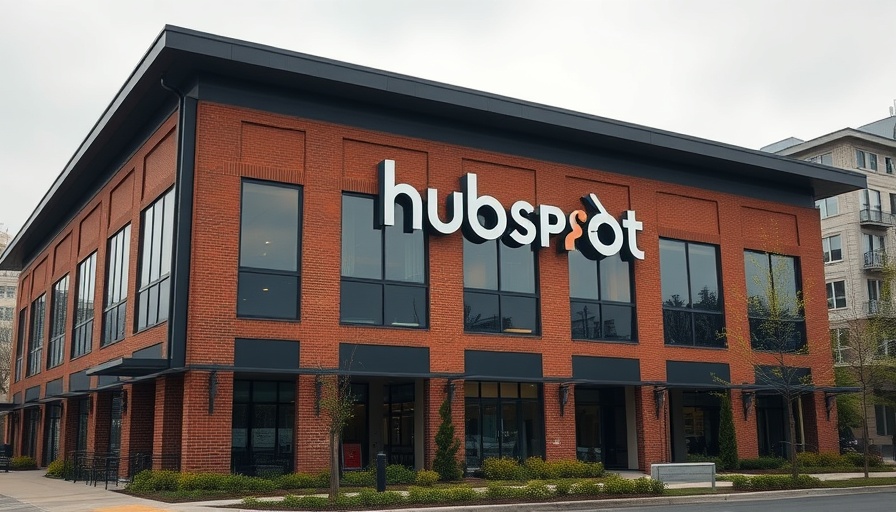 Modern brick office building with HubSpot logo, agentic ai.