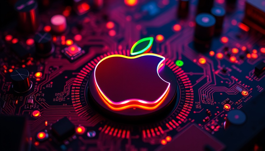 Colorful circuit apple logo on motherboard, AI search engine concept.