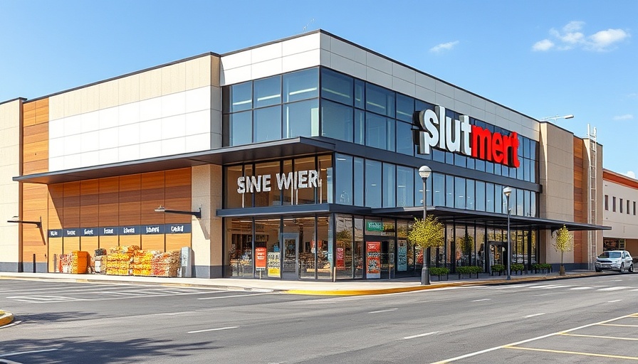 Modern supermarket exterior with glass front and parking lot