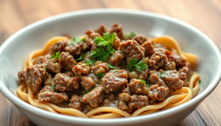 Close-up of delicious ground beef stroganoff with mushrooms.