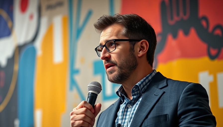Thoughtful professional man speaking energetically at AI-powered hiring platform event.