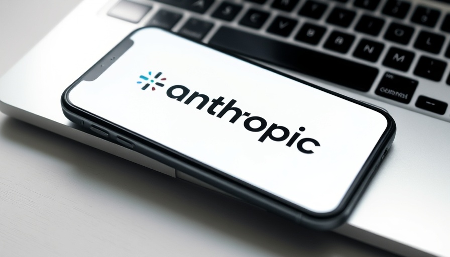 Anthropic AI logo on phone over keyboard, copyright settlement context