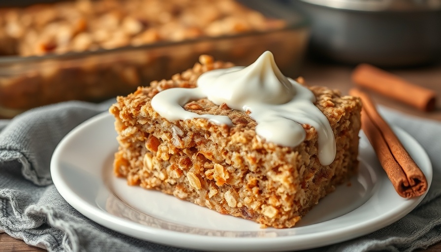 Brown sugar baked oatmeal slice with cream drizzle on a plate.