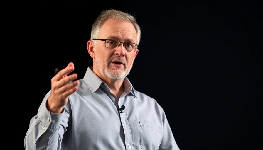 Middle-aged man presenting on stage, AI news discussion.