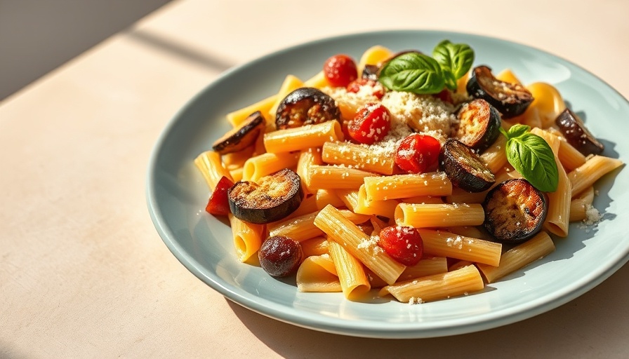 Delicious eggplant pasta dish garnished with basil.