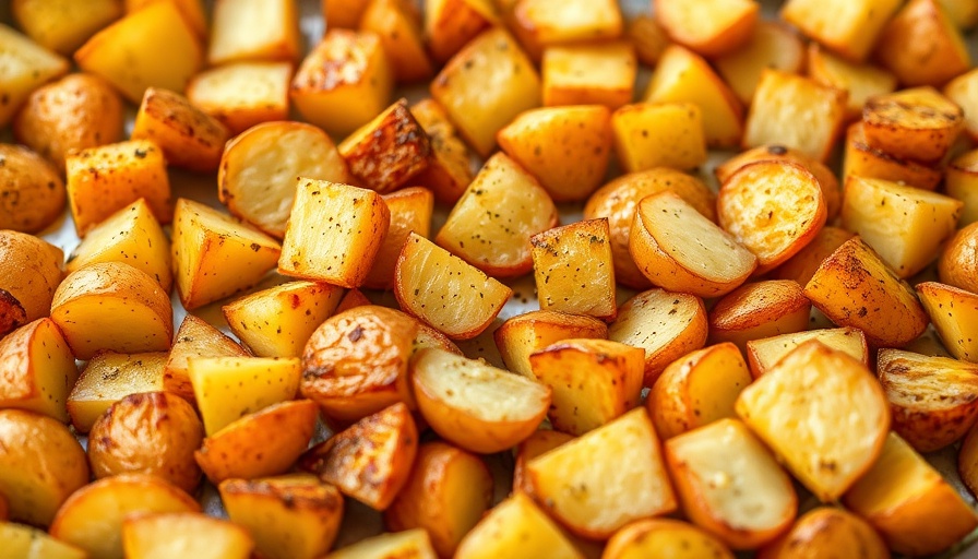 Golden crispy roasted potatoes, close-up shot.