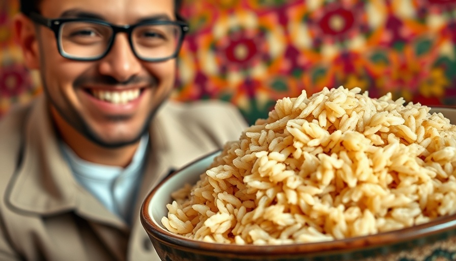Perfectly cooked brown rice next to a smiling man in glasses.