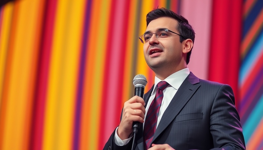 Man speaking at conference with colorful striped background, bots making social media feel fake.