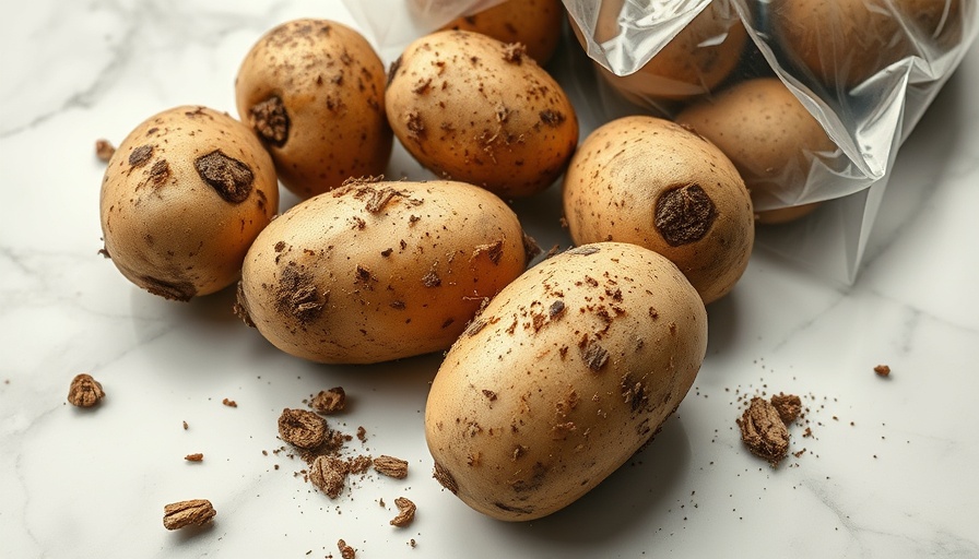 Dirty potatoes on marble surface with plastic bag