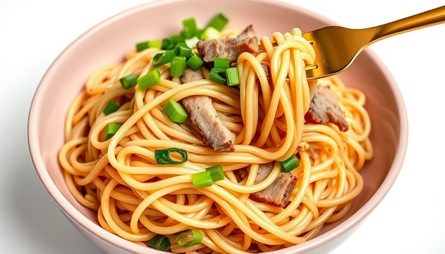 20-minute pork and garlic noodles elegantly plated with a golden fork, garnished with green onions in a pink bowl.