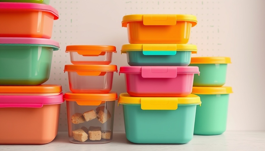 Colorful food storage containers organized against a pastel background.