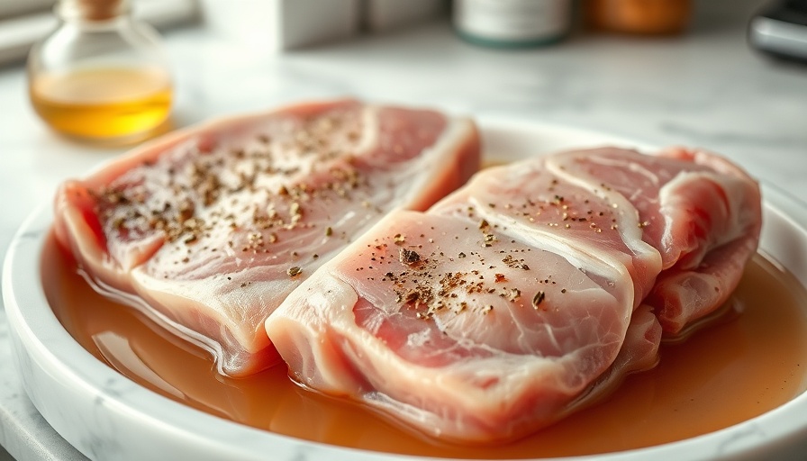 Pork chop brine recipe with herbs and spices in a dish.