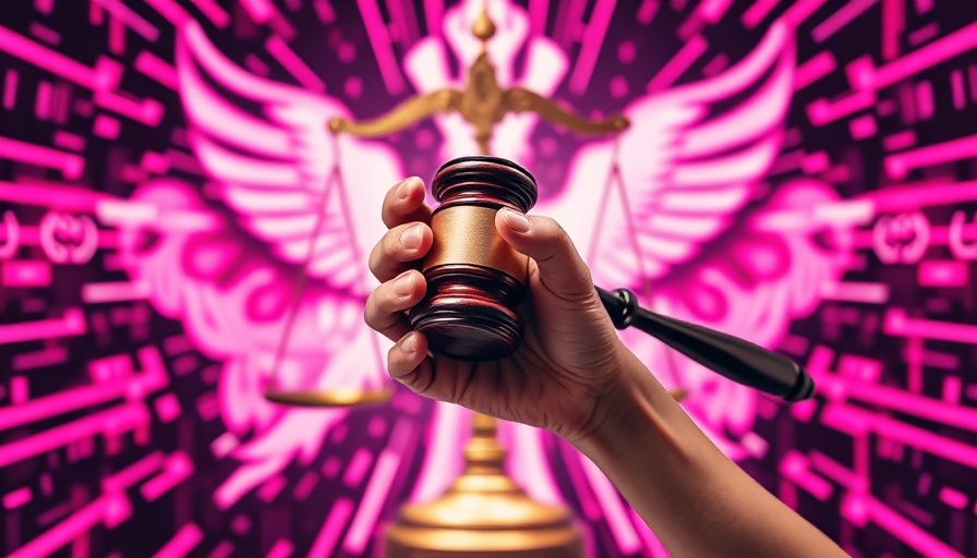 Surreal justice theme with gavel and scales in digital art.