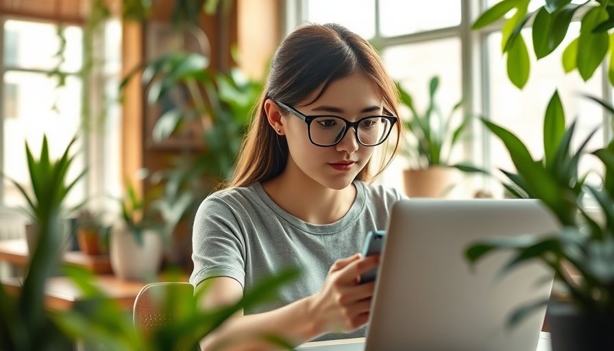 Businesswoman using AI tech surrounded by plants in cozy office.