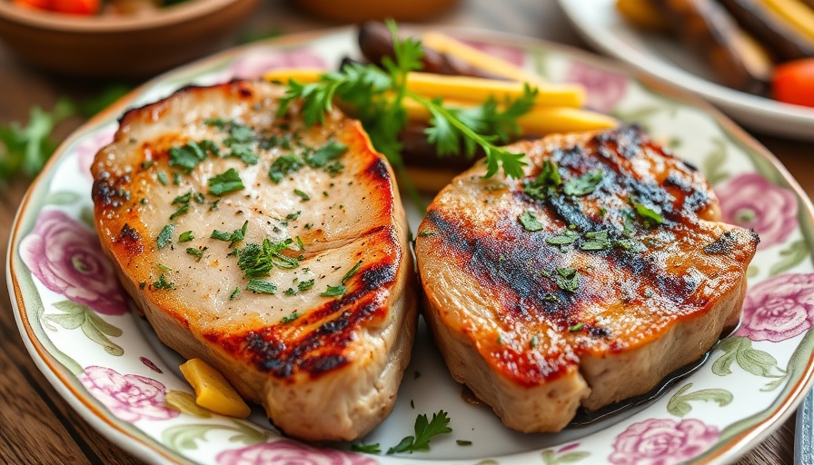 Juicy pork chops with herbs and vegetables on a plate, best pork chop recipes.