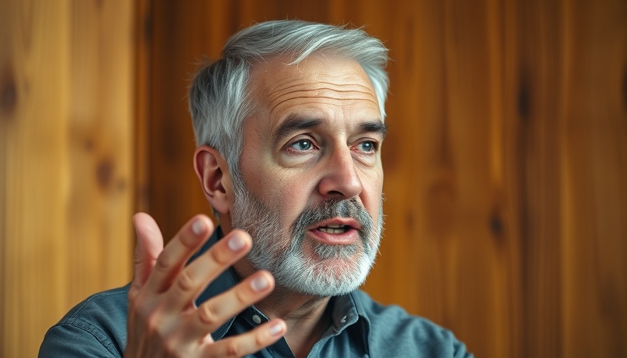 Middle-aged man discussing AI regulation SANDBOX Act, gesturing purposefully.