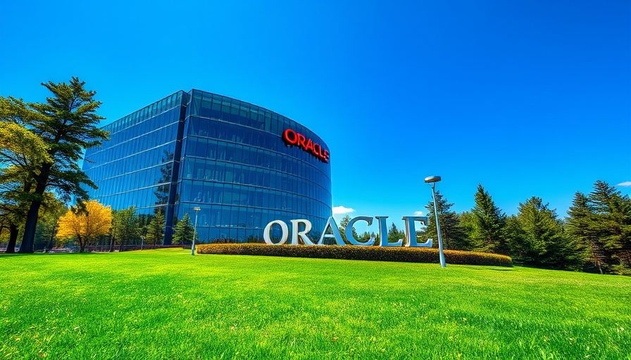 Oracle headquarters sign in front of modern building under clear sky.
