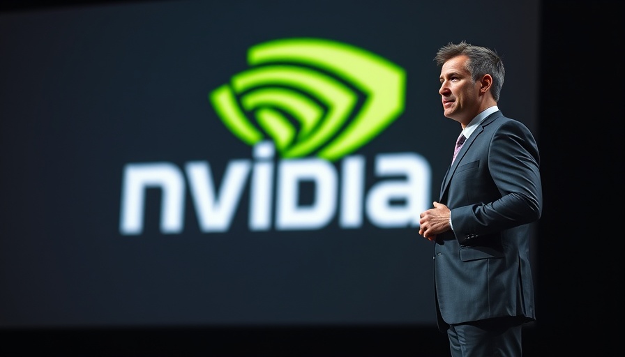 Nvidia CEO presenting at a tech event with brand logo backdrop.