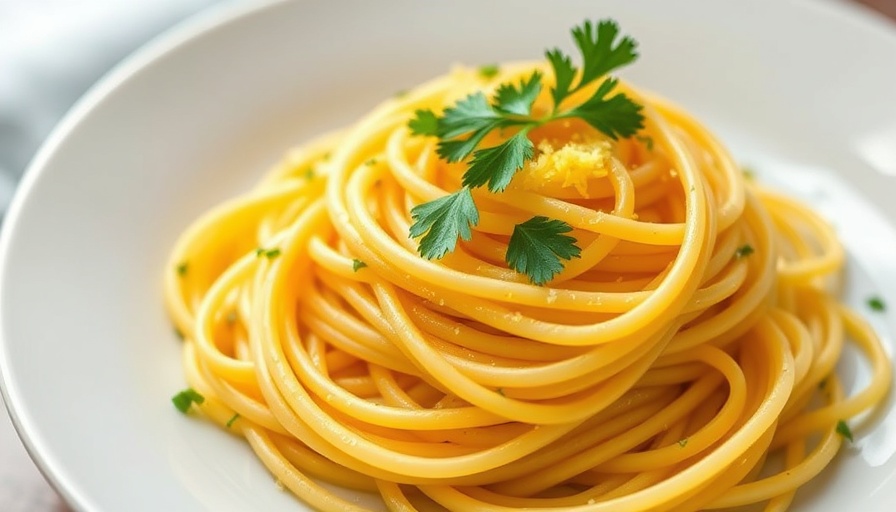 Close-up of 4-ingredient lemon spaghetti with garnish on plate.