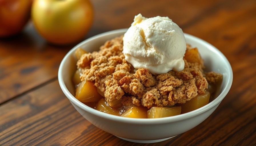 Easy apple crumble topped with vanilla ice cream in a bowl.