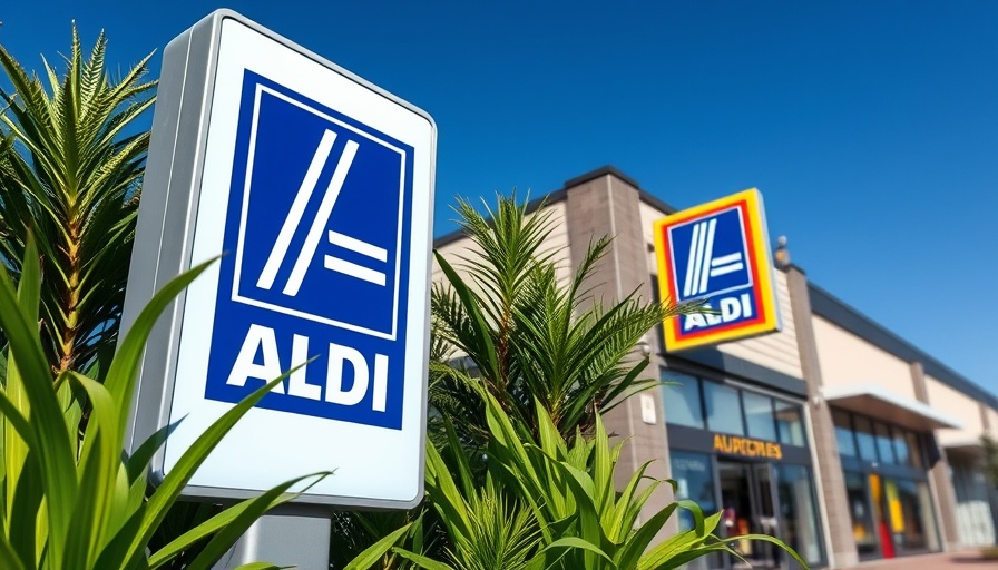 Aldi store sign with green landscaping in daylight.