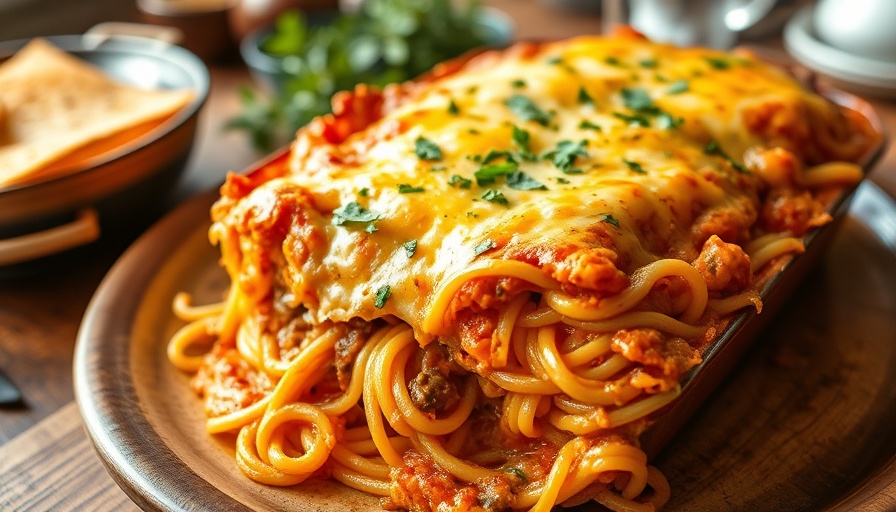 Rich baked spaghetti casserole topped with herbs and cheese.