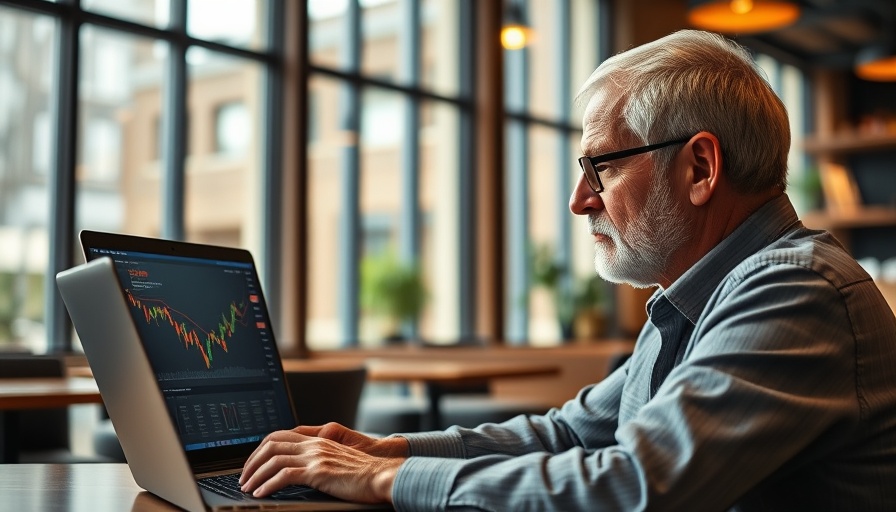 Businessman analyzing stock market growth in cafe on laptop.