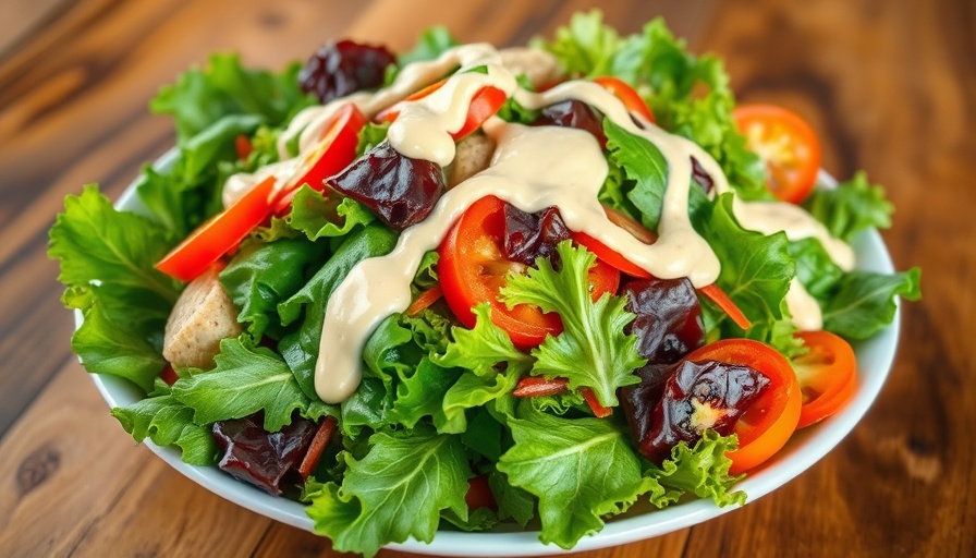 Vibrant salad with better salad dressing on a wooden table.