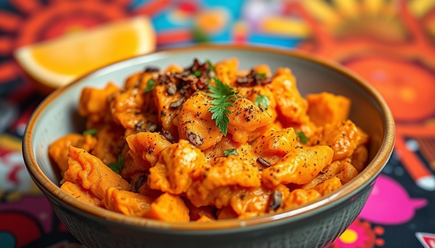 Alton Brown chipotle smashed sweet potatoes in a vibrant pop-art style.