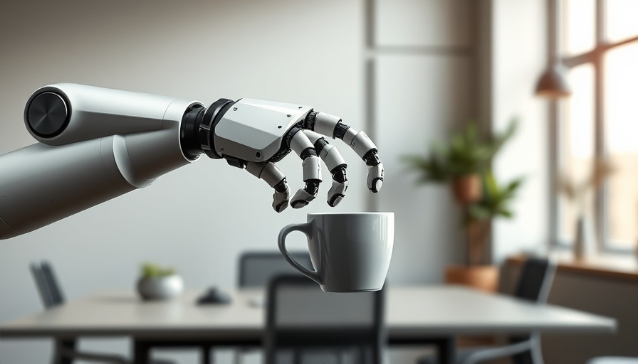 Agentic AI robotic arm handing mug to man in office