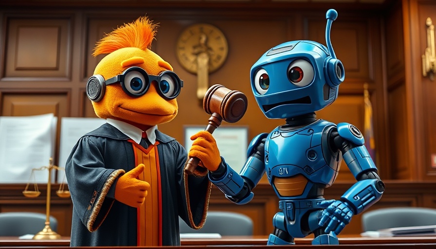 Futuristic courtroom scene with cartoon characters representing Reddit lawsuit against Anthropic.