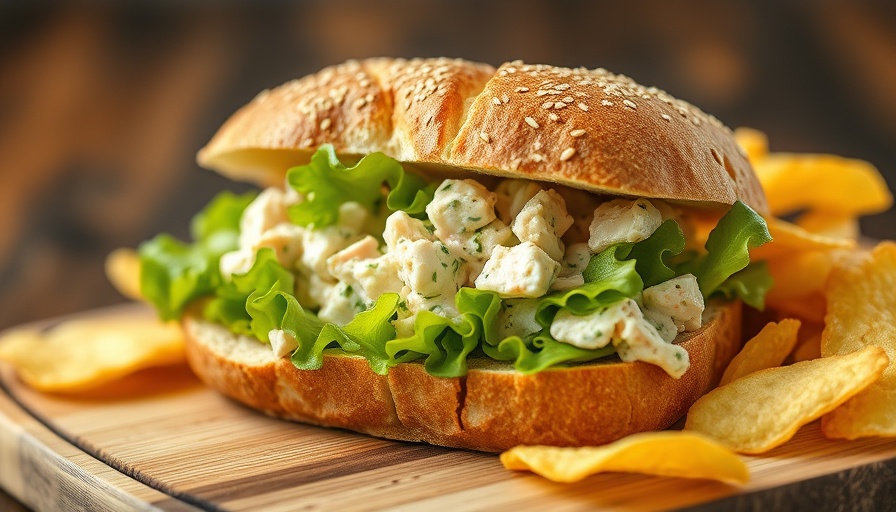 Upgrade chicken salad with yogurt sandwich on wooden board.
