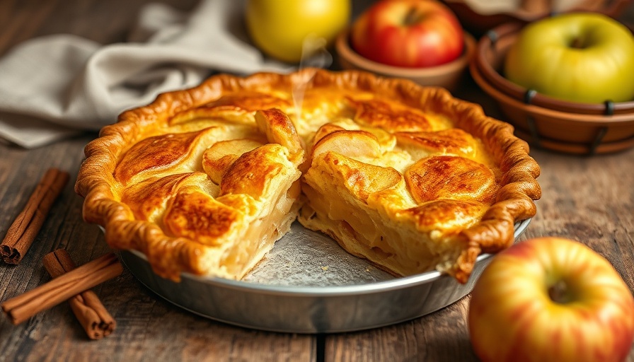Golden homemade apple pie dessert on rustic table.